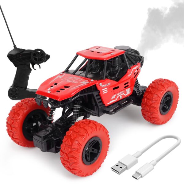 INFINI EV Offroader High Speed RC Car with Smoke & Spray | Certified Durable & Safe | Styled as Rock Crawler/Monster Truck | USB C-Type Rechargeable Remote Control Car for Kids | Made in India, red